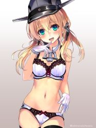 Rule 34 | 1girl, :d, anchor hair ornament, aqua eyes, black hat, black thighhighs, blonde hair, blush, bow, bow bra, bow panties, bra, cowboy shot, finger to mouth, gloves, gradient background, grey background, hair ornament, hand up, hat, head tilt, kantai collection, lace, lace-trimmed bra, lace-trimmed panties, lace trim, lingerie, long hair, looking at viewer, low twintails, open mouth, panties, peaked cap, prinz eugen (kancolle), red bow, shirokitsune, smile, solo, standing, thigh gap, thighhighs, translation request, twintails, underwear, underwear only, white bra, white gloves, white panties