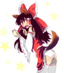Rule 34 | 1girl, animal ears, artist request, ass, bad id, bad pixiv id, black hair, blush, bow, detached sleeves, dog ears, dog tail, fang, fangs, female focus, hakurei reimu, japanese clothes, kemonomimi mode, kn96, long hair, miko, open mouth, panties, pantyshot, red eyes, ribbon, sarashi, solo, surprised, tail, thighhighs, touhou, underwear, white background, white panties