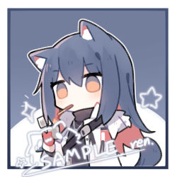 Rule 34 | 1girl, animal ears, arknights, artist name, black shirt, blue background, blue hair, border, chibi, coat, dog tags, eating, fire, food, food in mouth, fur-trimmed hood, fur trim, gloves, hair between eyes, hand up, holding, holding lighter, hood, hood down, lighter, mouth hold, nail polish, official alternate costume, open clothes, open coat, pocky, red gloves, renren, sample watermark, shirt, simple background, solo, sparkle, star (symbol), tail, texas (arknights), texas (winter messenger) (arknights), upper body, watermark, white border, white coat, winter clothes, winter coat, wolf ears, wolf girl, wolf tail, yellow eyes