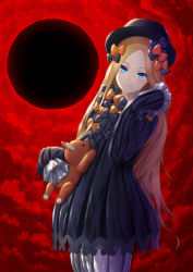 Rule 34 | 1girl, abigail williams (fate), absurdres, black bow, black dress, black hat, blonde hair, blue bow, blue eyes, blush, bow, cowboy shot, dress, eclipse, fate/grand order, fate (series), frilled sleeves, frills, frown, fujifuji924, hair bow, hat, highres, holding, holding stuffed toy, leaning back, long hair, looking at viewer, multiple hair bows, orange bow, parted bangs, polka dot, polka dot bow, short dress, sleeves past wrists, solo, standing, stuffed animal, stuffed toy, teddy bear, very long hair