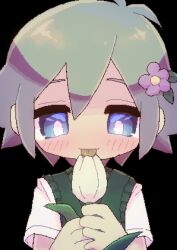 Rule 34 | 1boy, basil (faraway) (omori), basil (omori), blue eyes, blush, bright pupils, commentary request, flower, flower on head, green hair, green sweater vest, hair between eyes, hair ornament, happy, highres, holding, holding flower, looking down, male focus, omori, pink flower, pink pupils, pixel art, shirt, short hair, short sleeves, sidelocks, smile, solo, sweater vest, tagme, tongue, tongue out, trap, tulip, undershirt, upper body, white shirt, white undershirt