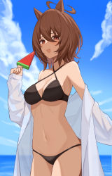 Rule 34 | 1girl, :d, absurdres, agnes tachyon (umamusume), ahoge, animal ears, bare shoulders, bikini, black bikini, blue sky, blurry, blurry background, blush, breasts, brown eyes, brown hair, cleavage, cloud, collarbone, commentary, cowboy shot, criss-cross halter, day, food, hair between eyes, halterneck, hand up, highres, holding, holding food, horse ears, horse girl, long sleeves, looking at viewer, medium breasts, nagaburo imoni, navel, ocean, off shoulder, open clothes, open mouth, open shirt, outdoors, popsicle, see-through, see-through sleeves, shirt, short hair, sidelocks, sky, smile, solo, standing, stomach, swimsuit, umamusume, water, watermelon bar, white shirt