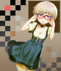 Rule 34 | 10s, 1girl, :d, adjusting eyewear, bespectacled, blue eyes, blush, breasts, character name, choker, cleavage, cockadooodledoo, collarbone, cowboy shot, cross, dirndl, dress, german clothes, glasses, highres, iron cross, kantai collection, open mouth, outline, red-framed eyewear, short hair, short sleeves, silver hair, small breasts, smile, solo, traditional clothes, twitter username, z1 leberecht maass (kancolle)