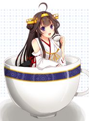 Rule 34 | 10s, 1girl, ahoge, blush, brown hair, cup, detached sleeves, double bun, giant object, hairband, headgear, in container, in cup, japanese clothes, kantai collection, kongou (kancolle), long hair, looking at viewer, nontraditional miko, oversized object, purple eyes, solo, sotogawa max, teacup