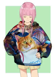 Rule 34 | 1girl, border, brown shorts, cat, closed eyes, closed mouth, commentary request, cowboy shot, facing viewer, green background, hair over shoulder, hand in pocket, hand on own hip, highres, hood, hood down, hoodie, isshiki (ffmania7), kaf (kamitsubaki studio), kamitsubaki studio, long hair, long sleeves, low twintails, meme, outside border, photo inset, pink hair, print hoodie, pun, short shorts, shorts, simple background, smile, solo, space cat (meme), standing, twintails, unmoving pattern, white border