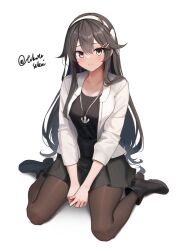 Rule 34 | 1girl, black dress, black footwear, black hair, black pantyhose, blush, closed mouth, dress, full body, hair between eyes, hair ornament, hairband, hairclip, haruna (kancolle), highres, jacket, jewelry, kantai collection, long hair, necklace, open clothes, open jacket, pantyhose, shoes, simple background, sitting, smile, solo, toketa-sekai, twitter username, wariza, white background, white hairband, white jacket, yellow eyes
