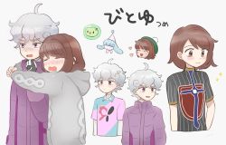 Rule 34 | 1boy, 1girl, ahoge, bede (pokemon), blush, blush stickers, brown hair, cardigan, champion uniform, closed eyes, closed mouth, coat, collared shirt, commentary request, creatures (company), game freak, gen 5 pokemon, gen 8 pokemon, gloria (pokemon), gloves, grey cardigan, grey hair, hand up, happy, hatenna, heart, high collar, highres, hug, multiple views, nintendo, open mouth, pokemon, pokemon (creature), pokemon swsh, purple coat, purple eyes, shirt, short hair, short sleeves, smile, solosis, sparkle, yja61