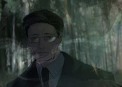 Rule 34 | 1boy, almostghost, black hair, black suit, blurry, blurry background, forest, formal, glasses, hair slicked back, highres, ken&#039;i wang, looking at viewer, mafia, male focus, nature, necktie, shirt, short hair, signature, smoke, solo, suit, white shirt