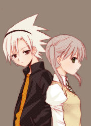 Rule 34 | 00s, 1boy, 1girl, albino, back-to-back, from side, grey hair, hairband, jacket, long hair, looking at viewer, maka albarn, necktie, open clothes, open jacket, parted bangs, red eyes, school uniform, seiru (prairie), shirt, simple background, soul eater, soul evans, spiked hair, sweater vest, twintails, upper body, white hair, white shirt
