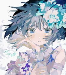 Rule 34 | 1girl, absurdres, black eyes, black hair, blue flower, blush, bob cut, choker, choppy bangs, crying, crying with eyes open, detached sleeves, falling petals, flower, frilled choker, frilled sleeves, frills, hair flower, hair ornament, hand on own cheek, hand on own face, highres, long bangs, looking at viewer, open hand, original, parted lips, petals, portrait, short hair, simple background, solo, straight-on, tears, toasu, white background, white flower, white sleeves