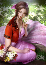 Rule 34 | 1girl, aerith gainsborough, banned artist, basket, bow, braid, braided ponytail, breasts, brown hair, cleavage, dress, final fantasy, final fantasy vii, flower, green eyes, grin, hair bow, hair intakes, holding, holding basket, holding flower, jacket, long hair, looking at viewer, medium breasts, open clothes, open jacket, pink bow, pink dress, ponytail, red jacket, red lips, short sleeves, sitting, smile, solo, sundress, transparent, white flower, zumi (zumidraws)