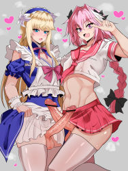 Rule 34 | 2boys, absurdres, apron, arm garter, astolfo (fate), bar censor, blonde hair, blue eyes, blush, bow, censored, chevalier d&#039;eon (fate), clothes lift, crop top, dress, dress lift, fang, fate/grand order, fate (series), grey background, hair bow, heart, highres, large penis, long braid, long hair, looking at viewer, midriff, multiple boys, navel, neckerchief, open mouth, penis, penises touching, pink eyes, pink hair, pointless censoring, self exposure, simple background, skin fang, skirt, steam, tareme, testicles, thighhighs, toned, toned male, trap, tsurime, v, veins, veiny penis, very long hair, wtwinmkii2nd, yaoi