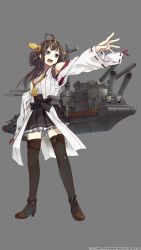 Rule 34 | 10s, 1girl, ahoge, black eyes, black thighhighs, boots, brown hair, cannon, grey background, hair bun, hakama, hakama short skirt, hakama skirt, hand on own hip, headgear, high heels, highres, japanese clothes, kantai collection, kongou (kancolle), konishi (koconatu), long hair, miko, official art, open mouth, outstretched arm, personification, simple background, single hair bun, skirt, solo, thigh boots, thighhighs, transparent background, turret