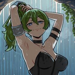 Rule 34 | 1girl, akairiot, arm strap, armpits, arms behind head, bare shoulders, black dress, breasts, choker, cleavage, collarbone, dress, green hair, hair between eyes, large breasts, long hair, looking at viewer, ponytail, purple eyes, side ponytail, smile, solo, sousou no frieren, ubel (sousou no frieren), upper body