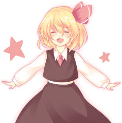 Rule 34 | 1girl, blonde hair, embodiment of scarlet devil, closed eyes, fang, female focus, hair ribbon, necktie, outstretched arms, ribbon, rumia, short hair, smile, solo, spread arms, star (symbol), touhou, uranaishi (miraura)