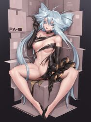 Rule 34 | 1girl, ahoge, areola slip, black dress, black footwear, black gloves, blue hair, breasts, character name, dress, elbow gloves, girls&#039; frontline, gloves, hair between eyes, hand up, high heels, highres, large breasts, long hair, looking at viewer, navel, nephlite, official alternate costume, open mouth, pa-15 (girls&#039; frontline), pa-15 (marvelous yam pastry) (girls&#039; frontline), paid reward available, revealing clothes, sitting, solo, spread legs, teeth, tongue, torn clothes, torn dress, upper teeth only, very long hair