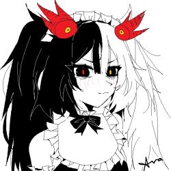 Rule 34 | 1girl, bare shoulders, black bow, black bowtie, black eyes, black hair, black souls, blush, bow, bowtie, closed mouth, detached sleeves, jubjub (black souls), limited palette, long hair, lovedstarlight, maid, maid headdress, multicolored hair, red pupils, sidelocks, simple background, solo, split-color hair, twintails, very long hair, white background, yellow pupils