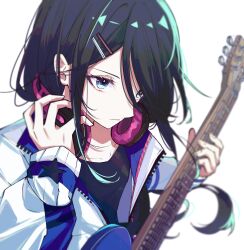 Rule 34 | 1girl, :|, absurdres, bangs pinned back, black hair, black shirt, blue eyes, blue jacket, blurry, closed mouth, collarbone, depth of field, expressionless, guitar, hair between eyes, hair ornament, hair over one eye, hairpin, hand on headwear, headphones, headphones around neck, highres, holding, holding weapon, hoshino ichika (project sekai), instrument, jacket, long hair, long sleeves, looking ahead, open clothes, open jacket, project sekai, ritzchrono, shirt, sidelocks, simple background, solo, two-sided fabric, two-sided jacket, upper body, weapon, white background, white jacket