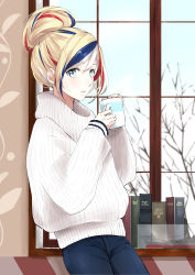 Rule 34 | 1girl, 2hands1cup, absurdres, alternate costume, alternate hairstyle, bare tree, blonde hair, blue eyes, blue hair, blush, book, casual, coffee mug, commandant teste (kancolle), cowboy shot, cup, denim, hair bun, highres, holding, holding cup, indoors, jeans, kantai collection, long hair, long sleeves, looking at viewer, morinaga miki, mug, multicolored hair, pants, parted lips, red hair, ribbed sweater, short hair, single hair bun, sleeves past wrists, solo, standing, streaked hair, sweater, tareme, tree, turtleneck, turtleneck sweater, white hair, white sweater, window, winter