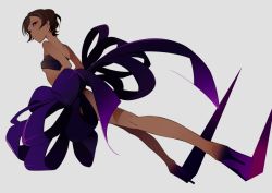Rule 34 | 1girl, bad id, bad pixiv id, bare legs, bare shoulders, brown hair, high heels, looking back, moa (21energy12), moa (artist), original, ribbon, short hair, simple background, solo