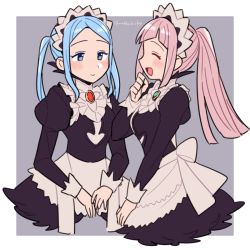 Rule 34 | 2girls, apron, black dress, blue hair, blush, closed mouth, collar, do m kaeru, dress, closed eyes, feather trim, felicia (fire emblem), fire emblem, fire emblem fates, flora (fire emblem), forehead, frilled collar, frills, grey eyes, juliet sleeves, long hair, long sleeves, looking at another, maid, maid headdress, multiple girls, nintendo, open mouth, pink hair, ponytail, puffy sleeves, siblings, sidelocks, sisters, smile, straight hair, twins, twintails, twitter username, upper body, waist apron, white apron