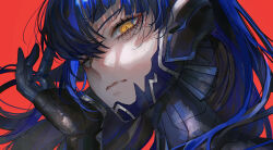 Rule 34 | 1boy, androgynous, armor, asano (kazusasn), blue hair, bodysuit, closed mouth, dark blue hair, eyelashes, hair between eyes, hand up, highres, lips, long hair, looking at viewer, male focus, portrait, protagonist (smtv), red background, ringed eyes, shin megami tensei, shin megami tensei v, simple background, slit pupils, solo, yellow eyes