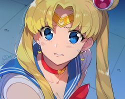 Rule 34 | 1girl, artist name, bishoujo senshi sailor moon, blonde hair, blue eyes, blue sailor collar, breasts, choker, cleavage, collarbone, crescent, crescent earrings, derivative work, diadem, earrings, eyes visible through hair, heart, highres, jewelry, meme, red choker, redrop, sailor collar, sailor moon, sailor moon redraw challenge (meme), sailor senshi, sailor senshi uniform, screenshot redraw, solo, symbol-only commentary, tsukino usagi, twintails, upper body