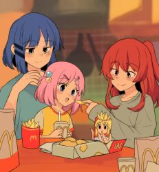 Rule 34 | 3girls, :d, absurdres, aged down, bag, blue eyes, blue hair, blue shirt, bocchi the rock!, chicken nuggets, commentary, cup, disposable cup, female focus, food, french fries, gotoh hitori, green eyes, grey shirt, hair bobbles, hair ornament, highres, hinghoi, holding, holding cup, ijichi nijika, indoors, kita ikuyo, long sleeves, looking at another, mcdonald&#039;s, multiple girls, open mouth, paper bag, parody, pink hair, red hair, shirt, short hair, smile, wife and wife, yamada ryo, yellow shirt, yoru mac