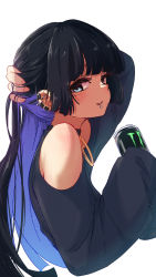 Rule 34 | 1girl, absurdres, bare shoulders, black dress, black hair, blue hair, blunt bangs, blush, bocchi the rock!, can, colored inner hair, dress, goth fashion, highres, hime cut, holding, holding own hair, long hair, looking at viewer, megateru, monster energy, multicolored hair, nape, pa-san, piercing, simple background, sleeves past wrists, smile, solo, white background