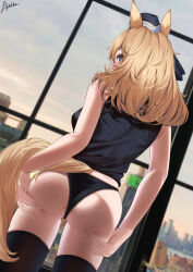 1girl absurdres animal_ears anus anus_peek arknights ass black_panties black_shirt blonde_hair cowboy_shot fourtwelve from_behind garrison_cap grabbing_own_ass hands_on_own_ass hat highres horse_ears horse_girl horse_tail long_hair looking_at_viewer looking_back no_pants panties revision shirt signature sleeveless sleeveless_shirt striped_clothes striped_shirt tail thighhighs underwear vertical-striped_clothes vertical-striped_shirt whislash_(arknights)