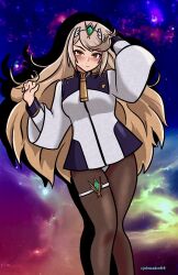 Rule 34 | 1girl, arms up, asticassia school uniform, black pantyhose, blonde hair, blush, breasts, cosplay, gundam, gundam suisei no majo, headpiece, highres, holding, holding own hair, jacket, johncaden, large breasts, long hair, looking at viewer, mythra (xenoblade), panties, pantyhose, school uniform, shadow, smile, solo, star (sky), suletta mercury, suletta mercury (cosplay), swept bangs, thigh strap, tiara, underwear, white jacket, xenoblade chronicles (series), xenoblade chronicles 2, yellow eyes