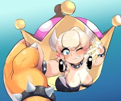 Rule 34 | 1boy, 1girl, blonde hair, blue eyes, blush, bowser, bowsette, breasts, collar, crown, gradient background, heart, holding, holding crown, horns, large breasts, long hair, man0., mario (series), new super mario bros. u deluxe, nintendo, one eye closed, ponytail, spiked collar, spikes, super crown, sweat, v