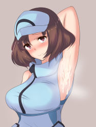 Rule 34 | 1girl, ace trainer (pokemon), armpit sex, armpits, blush, breasts, brown eyes, brown hair, creatures (company), cum, cum on armpit, cum on body, cum on upper body, ebon umax, embarrassed, game freak, high collar, highres, large breasts, matching hair/eyes, nintendo, npc trainer, outstretched arm, pokemon, pokemon sm, short hair, sleeveless, solo, sweat, visor cap