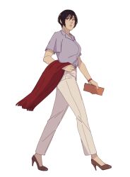 Rule 34 | 1girl, black eyes, black hair, breasts, commentary, contemporary, english commentary, facial scar, full body, hanpetos, high heels, holding, holding scythe, large breasts, mikasa ackerman, red scarf, scar, scar on cheek, scar on face, scarf, scythe, shingeki no kyojin, short hair, solo, wallet