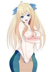 Rule 34 | 1girl, ahoge, alternate breast size, artist request, blonde hair, blue eyes, blush, breasts, collarbone, fangs, groin, hair ornament, hair ribbon, highres, jashin-chan, jashin-chan dropkick, lamia, large breasts, long hair, looking at viewer, monster girl, navel, nipples, nude, open mouth, ribbon, simple background, solo, upper body, white background