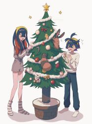 Rule 34 | 1boy, 1girl, black hair, black pants, brother and sister, brown fur, candy, candy cane, carmine (pokemon), christmas, christmas tree, colored inner hair, commentary request, creatures (company), crossed bangs, food, full body, game freak, gen 2 pokemon, grey shirt, grey shorts, hairband, highres, kieran (pokemon), long hair, multicolored hair, nintendo, no shoes, open mouth, pants, pokemon, pokemon (creature), pokemon sv, purple hair, red hair, saba chimera, sentret, shirt, shorts, siblings, simple background, socks, standing, striped clothes, striped socks, tail, teeth, two-tone hair, white background, white socks, yellow eyes, yellow hairband