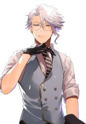 Rule 34 | 1boy, absurdres, arm at side, asymmetrical bangs, azul ashengrotto, bishounen, black gloves, black pants, blue vest, blurry, closed mouth, depth of field, glasses, gloves, grey eyes, grey hair, hair between eyes, highres, looking at viewer, male focus, mole, mole under mouth, necktie, ororooops, pants, short hair, simple background, sleeves rolled up, solo, striped necktie, twisted wonderland, vest, wet, white background