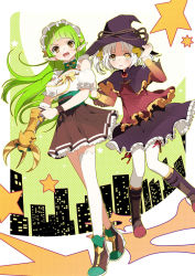Rule 34 | 2girls, bare shoulders, boots, borrowed character, bow, capelet, cecilia (acerailgun), cityscape, flat chest, grapnel, grappling hook, green hair, hand on headwear, hat, heterochromia, izumi k rukawa, long hair, maid headdress, multiple girls, open mouth, original, pointy ears, rynn (acerailgun), skirt, star (symbol), twintails, white hair, witch, witch hat, yellow eyes