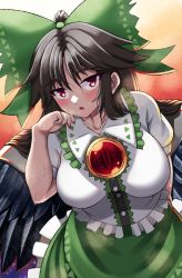 1girl bird_wings black_hair black_wings blouse blush bow breasts buttons cape collared_shirt doku_yanagi frilled_shirt_collar frilled_skirt frills green_bow green_skirt hair_between_eyes hair_bow hand_up highres large_breasts long_hair looking_at_viewer red_eyes reiuji_utsuho shirt short_sleeves skirt solo third_eye touhou white_shirt wings