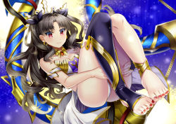 Rule 34 | 1girl, anklet, armlet, asymmetrical legwear, asymmetrical sleeves, bandeau, bare shoulders, barefoot, bikini, black bow, black hair, blue thighhighs, bow, breasts, bridal gauntlets, cleavage, closed mouth, collar, collarbone, commentary request, detached collar, earrings, elbow gloves, fate/grand order, fate (series), feet, floating, full body, gloves, gold trim, hair bow, hands on own thighs, hands under legs, highres, hoop earrings, ishtar (fate), jewelry, knees up, large breasts, legs, long hair, long legs, looking at viewer, medium breasts, nail polish, neck ring, parted bangs, red eyes, single bridal gauntlet, single elbow glove, single thighhigh, smile, solo, stirrup legwear, strapless, swimsuit, thighhighs, thighs, toeless legwear, toenail polish, toenails, toes, uneven legwear, uneven sleeves, uzura (moimoi)