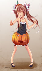 Rule 34 | 10s, 1girl, bare arms, bare shoulders, bow, brown eyes, brown hair, collarbone, dark-skinned female, dark skin, fang, hair bow, halloween, halloween costume, jack-o&#039;-lantern, kantai collection, kurona, libeccio (kancolle), long hair, no socks, open mouth, panties, pantyshot, pumpkin hat, pumpkin skirt, see-through, shirt, sleeveless, sleeveless shirt, smile, solo, standing, striped clothes, striped panties, twintails, underwear, very long hair