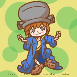 Rule 34 | 1boy, blue coat, blush stickers, brazil, brown footwear, brown hair, character name, child, closed mouth, coat, copyright name, full body, looking at viewer, male focus, maluquinho, o menino maluquinho, oversized clothes, pot, pot on head, shirt, shoes, shorts, smile, socks, solo, takeuchi kou, yellow shirt
