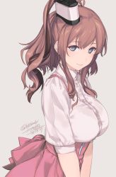 Rule 34 | 1girl, alternate costume, blouse, blue eyes, breasts, brown hair, closed mouth, collared dress, collared shirt, dated, dress, grey background, kantai collection, large breasts, lips, long hair, looking at viewer, own hands together, pink shirt, pink skirt, ponytail, rokuwata tomoe, saratoga (kancolle), shirt, short sleeves, side ponytail, sidelocks, simple background, skirt, smile, smokestack, solo, suspender skirt, suspenders, twitter username, upper body, white shirt