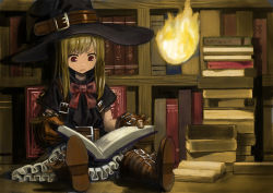 Rule 34 | &gt;:(, 1girl, belt, blonde hair, book, bookshelf, boots, brown footwear, brown gloves, fire, frown, gloves, hat, highres, holding, holding book, long hair, open book, original, reading, red eyes, sitting, solo, v-shaped eyebrows, wasabi60, witch hat