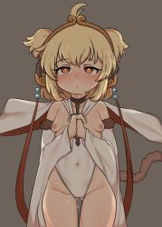 Rule 34 | 1girl, absurdres, ahoge, andira (granblue fantasy), animal ears, basukechi, blonde hair, blush, breasts, diadem, erune, granblue fantasy, grey background, hagoromo, half-closed eyes, heart, heart-shaped pupils, highres, monkey ears, monkey girl, monkey tail, nipples, own hands clasped, own hands together, shawl, short hair, simple background, small breasts, symbol-shaped pupils, tail