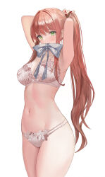 Rule 34 | 1girl, absurdres, armpits, arms up, bow, bra, breasts, brown hair, cleavage, closed mouth, collarbone, cowboy shot, doki doki literature club, green eyes, highres, lace, lace bra, lace panties, large breasts, long hair, looking at viewer, monika (doki doki literature club), mouth hold, navel, panties, ponytail, red nails, simple background, solo, standing, thighs, underwear, white background, white bow, yami (rear4742)