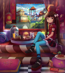 Rule 34 | 1girl, aqua pantyhose, arm belt, blue sky, book, bow, brown eyes, brown hair, burger, candy, chips (food), cloud, drink, food, french fries, highres, liclac, long hair, looking at viewer, mcdonald&#039;s, omelet, omurice, onigiri, pantyhose, pasta, pillow, platform footwear, potato chips, pringles, sitting, skirt, sky, smile, solo, spaghetti, string of flags, striped clothes, striped skirt, sushi, tile floor, tiles, twintails, white bow