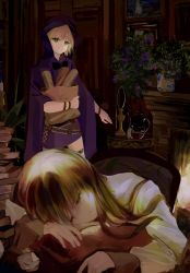 Rule 34 | 2girls, bag, blonde hair, book, book stack, bread, brown hair, candelabra, candlestand, chimney, chinese commentary, cloak, closed eyes, commentary request, dark, desk, drawing (object), fire, fireplace, food, fors wall, highres, holding, holding bag, hood, hooded cloak, indoors, jar, lord of the mysteries, miniskirt, multiple girls, oululululu, paper bag, parted lips, plant, purple cloak, purple skirt, quill, skirt, sleeping, smile, vase, wooden door, xio derecha