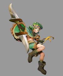 1girl bare_legs boots capelet elbow_gloves elk_(ys) fighting_stance fingerless_gloves full_body fur_trim gloves green_capelet green_eyes green_hair green_shorts green_socks grey_background headband highres holding holding_weapon horn_ornament horns huge_weapon jewelry leather leather_bag leather_boots leather_gloves looking_to_the_side midriff multicolored_hair necklace official_art open_mouth outstretched_arm shorts simple_background smile socks solo solo_focus song26929 streaked_hair weapon ys ys_altago ys_seven