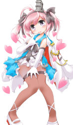 Rule 34 | 1girl, anbee (arary), azur lane, bare shoulders, black bow, black pantyhose, blush, bow, dress, elbow gloves, female focus, full body, gloves, hair bow, hair ornament, hairband, hand up, heart, highres, jacket, jacket on shoulders, knees together feet apart, looking at viewer, \\n/, open mouth, panties, panties under pantyhose, pantyhose, pantyshot, pigeon-toed, pink hair, purple eyes, saratoga (azur lane), shoes, short dress, short twintails, simple background, sleeveless, sleeveless dress, smile, solo, standing, twintails, underwear, white background, white dress, white footwear, white gloves, white jacket, white panties